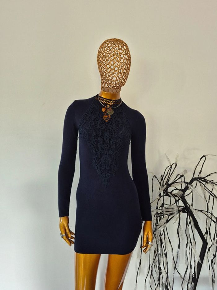 Robe Courte en Dentelle Manches Longues Bleu Marine Taille Unique