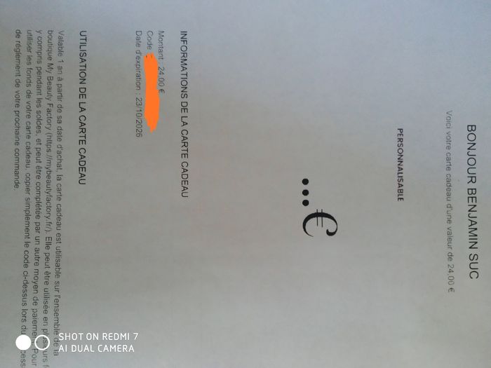 Carte cadeau My beauty factory de 24€