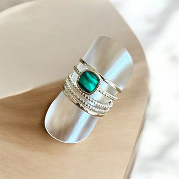 Bague multiple rang pierre malachite verte en acier inoxydable résistant à l’eau ajustable