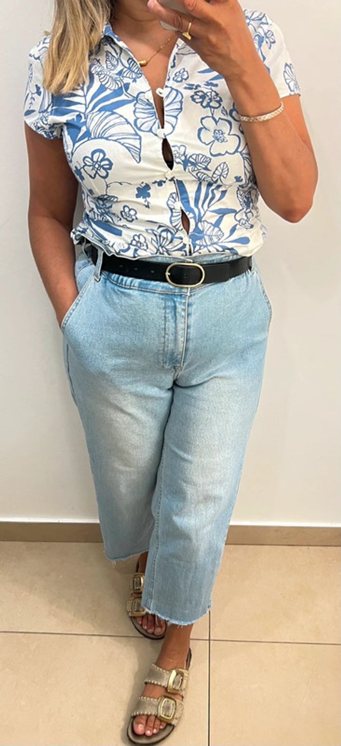 💙Chemise manches courtes, imprimé floral bleu style Hawaï Taille S - photo numéro 3