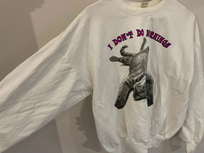 Mid-1990s "I Don't Do Mornings" Cat Print Sweater Womens Large - photo numéro 6