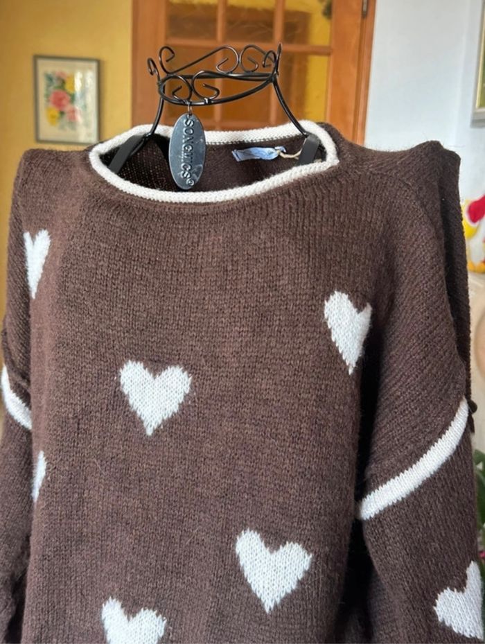 Pull marron cœurs blancs taille unique - photo numéro 3