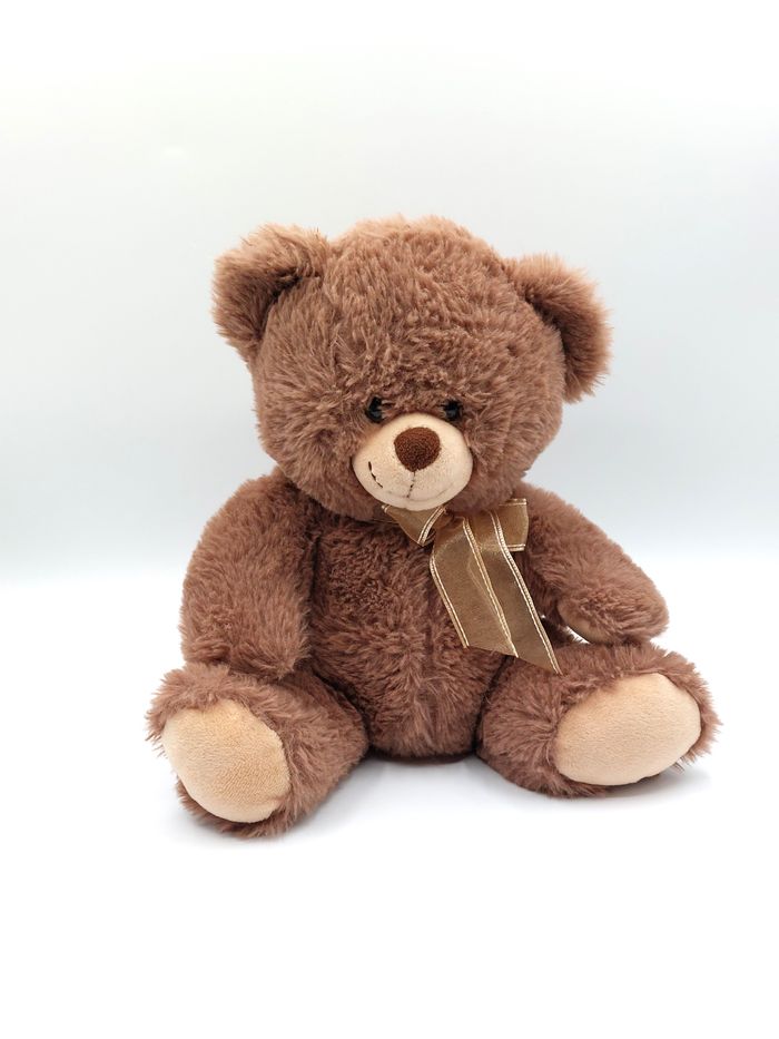 Peluche doudou ours marron beige MAX & SAX Carrefour nœud doré 26 cm TY71037