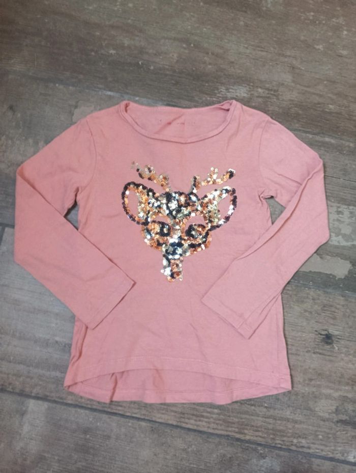 Tee shirt chemise manches longues Fille 5 ans biche cerf sequins Gémo