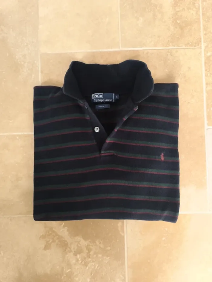 Magnifique pull col  boutonné Ralph Lauren homme L noir rayures vertes rouges logo rouge - photo numéro 13