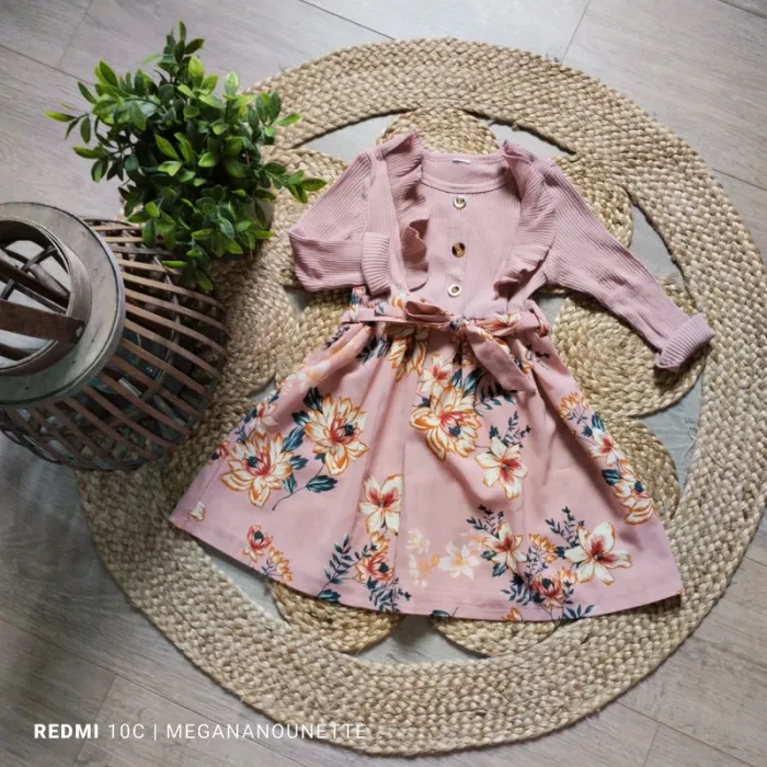 🌸 Robe fille fleurie rose – Taille 4 ans – haut en tissu côtelé, style bohème chic 🌸