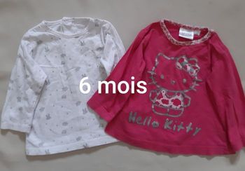 2 tee-shirts manches longues fille blanc et fuschia - Hello Kitty - 6 mois