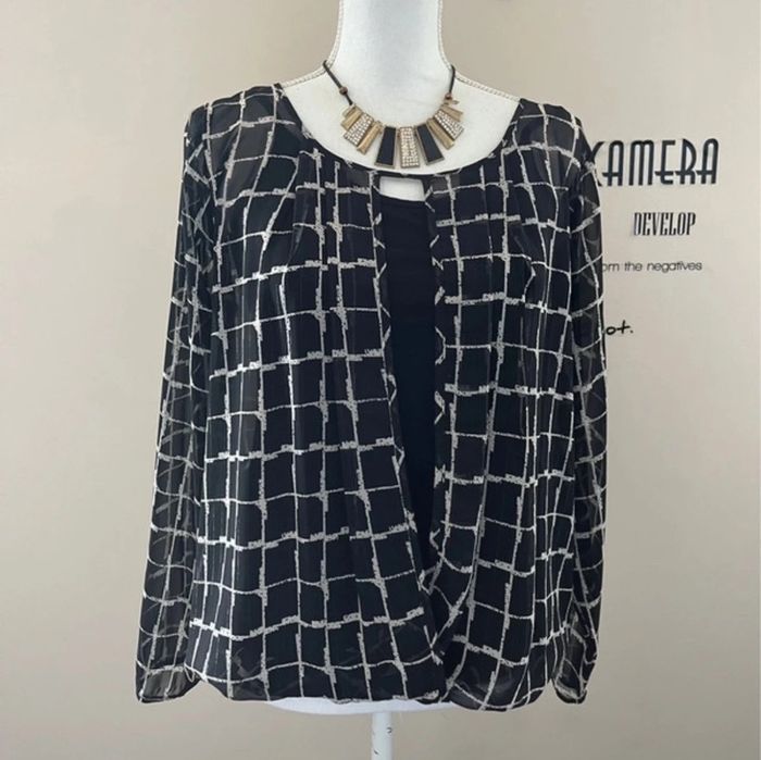 Jolie blouse manches longues en voile noir et or chic avec top bretelles noir 42 comme neuve