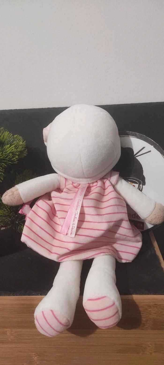 Doudou poupée blanc rose rayé coeurs peluche kaloo bonnet - photo numéro 2