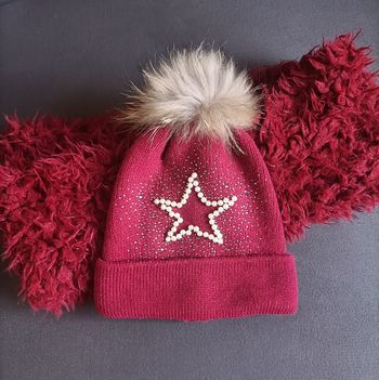 Lot Bonnet Pompon amovible + écharpe tour de cou Bordeaux