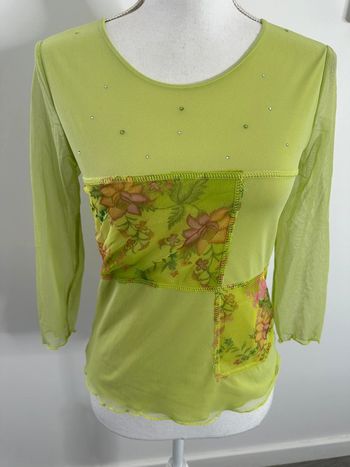 Top en mesh vert anis rose et argenté fleurs et strass 2YK Vintage T36 S