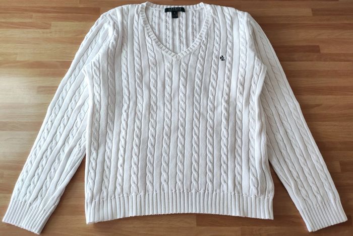 Pull irlandais col v en 100% coton blanc, Ralph Lauren t.M