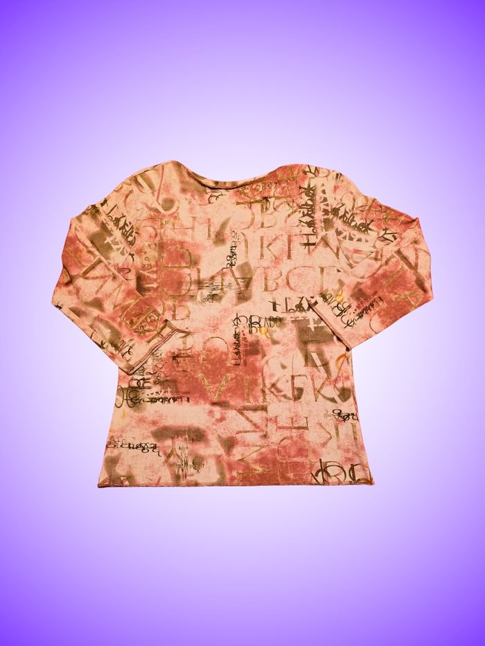 Haut Cache-Cœur Imprimé "Lettres & Graphismes" Sourcing – Tons Rouille/Rose – Manches Longues – Taille Unique – Très Bon État - photo numéro 2
