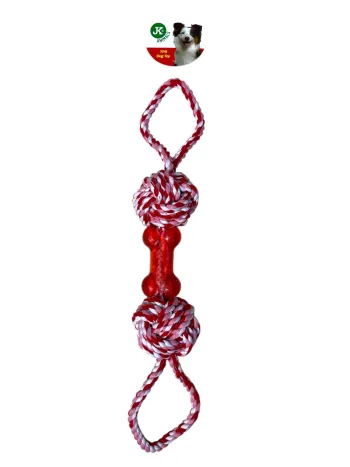 Jouet pour chien JK Animals en corde tressée + os en caoutchouc TPR rouge 48 cm Neuf