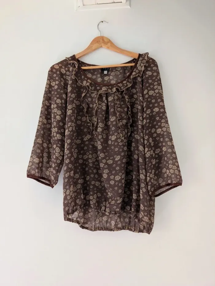 Blouse légère transparentes à volant ample fluide gris beige fleuri style bohème 1 23 taille 40 - photo numéro 5
