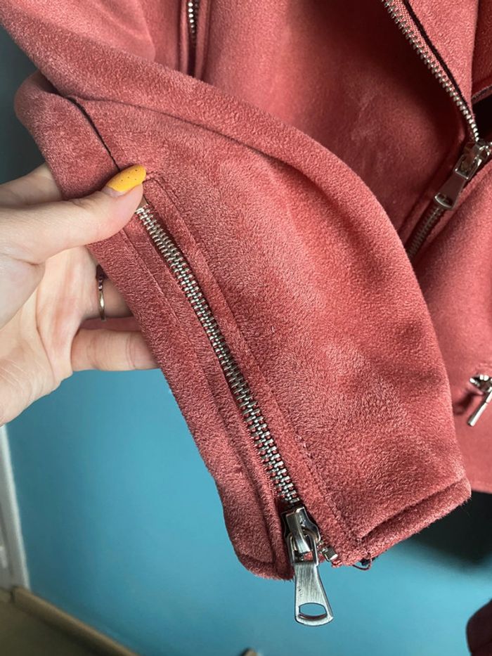 Blouson perfecto style biker en effet daim rose - photo numéro 5