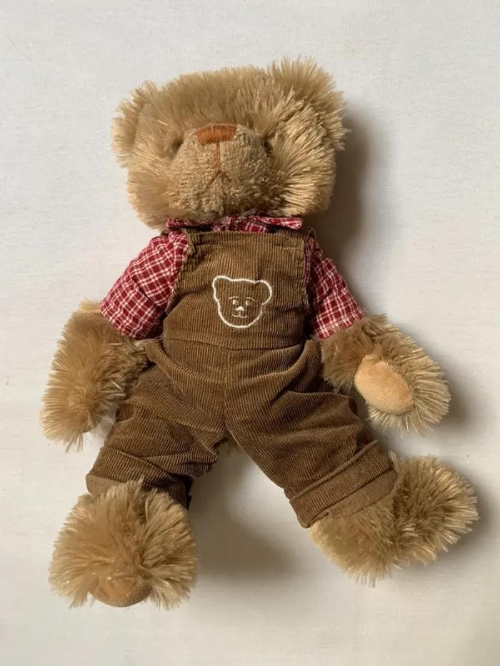 Ours en peluche salopette velours et chemise à carreaux - photo numéro 2