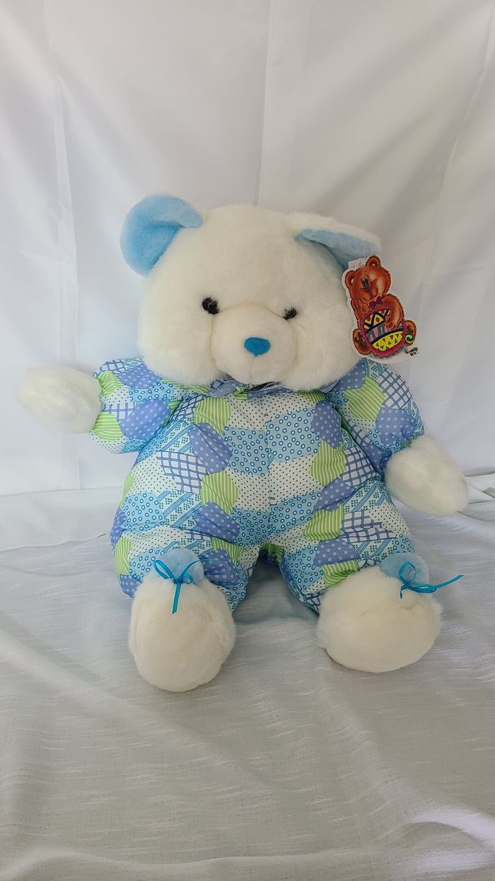peluche ours en peluche blanc , bleu imprimé VINTAGE Cuddle Wit