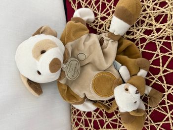 Chien DOUDOU ET COMPAGNIE marionnette beige avec bébé