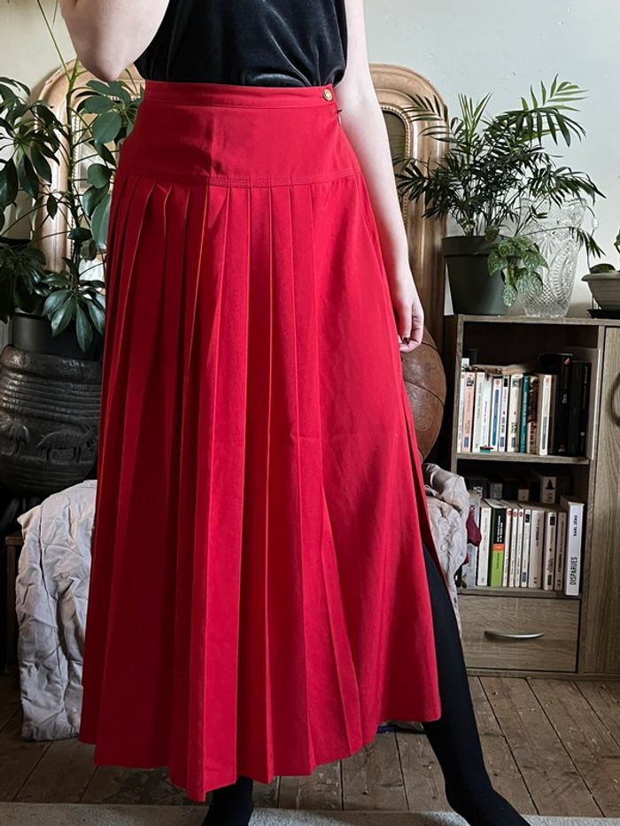 Jupe longue plissée taille haute avec fente - rouge - photo numéro 7