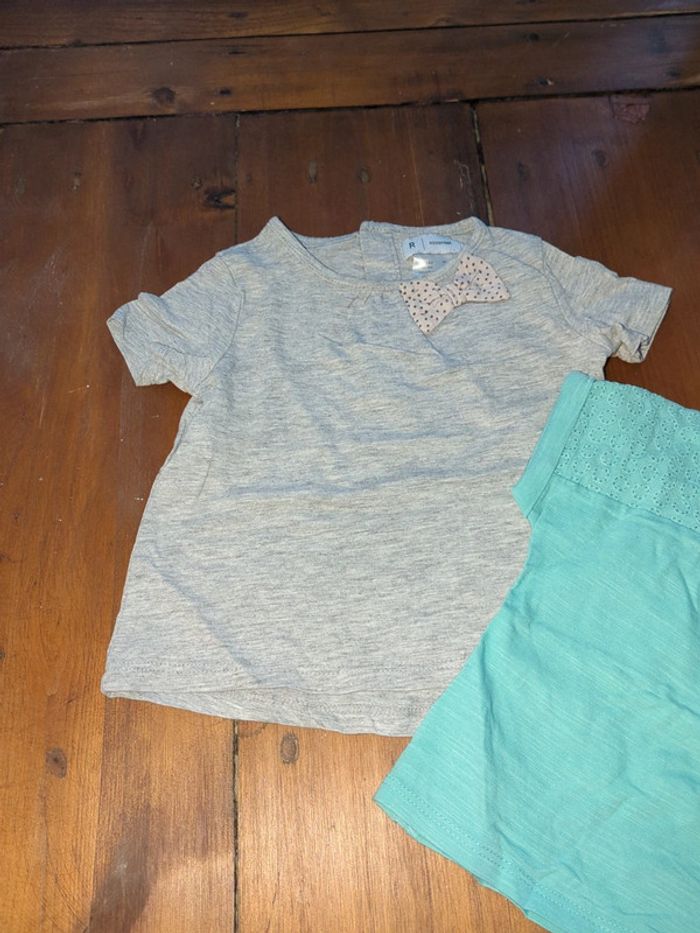 2 tshirts manches courtes turquoise et gris noeud girly 12 mois - photo numéro 3