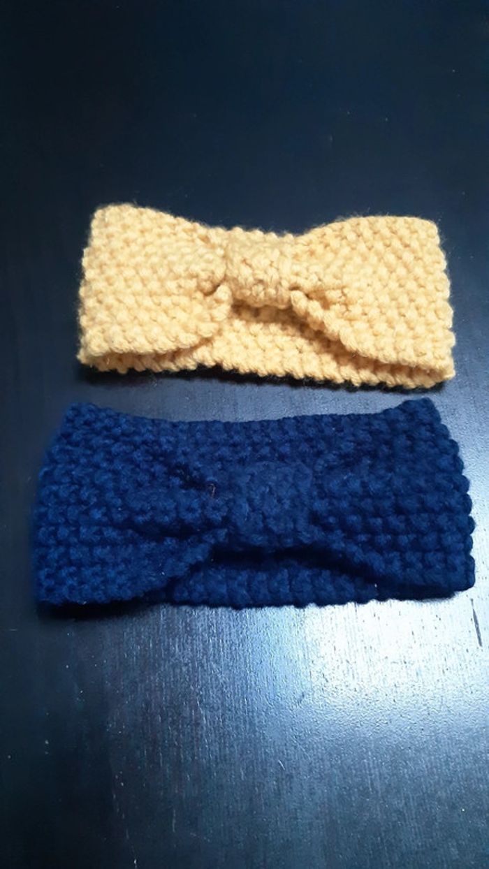Lot 2 bandeaux épais bleu et jaune bébé fillette tricot