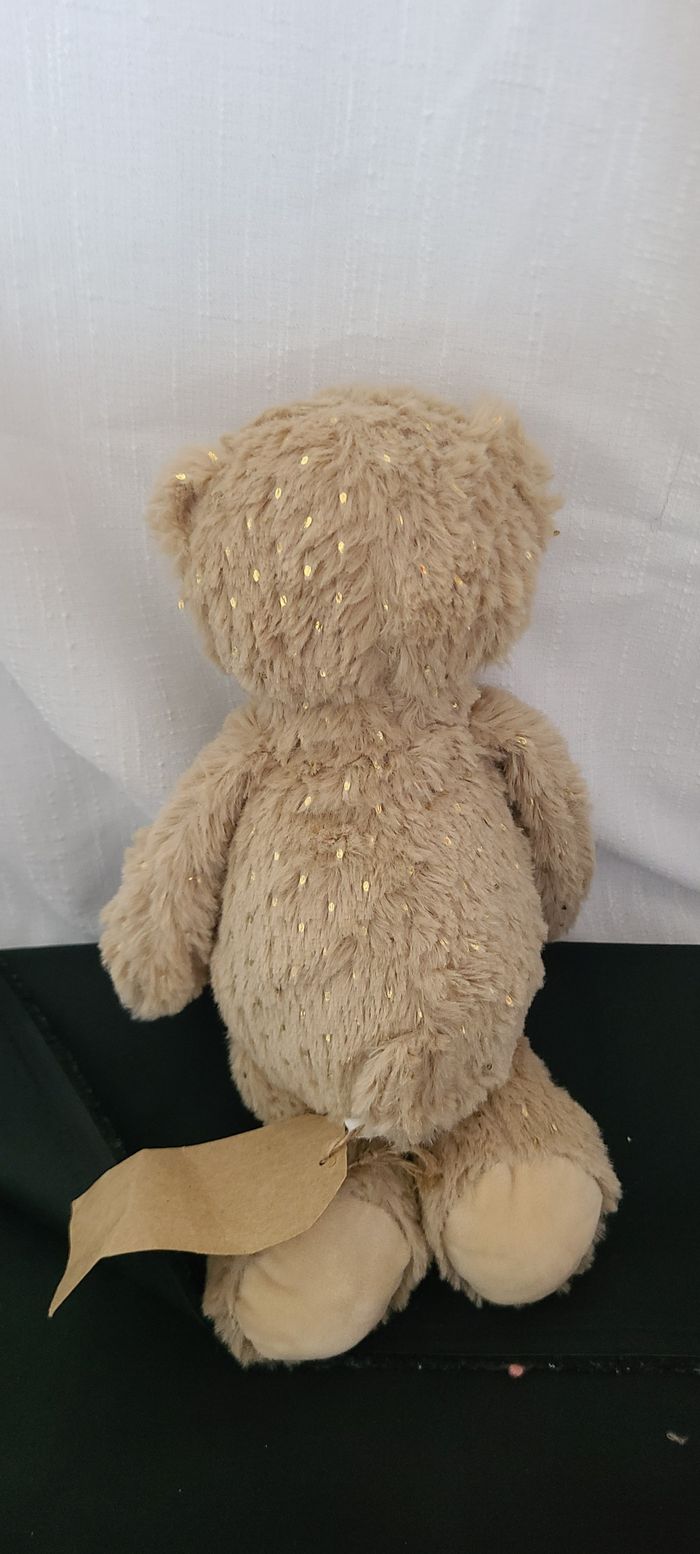 DOUDOU PELUCHE DAMART OURS BEIGE MARRON PAILLETTE DOREE OR - photo numéro 3