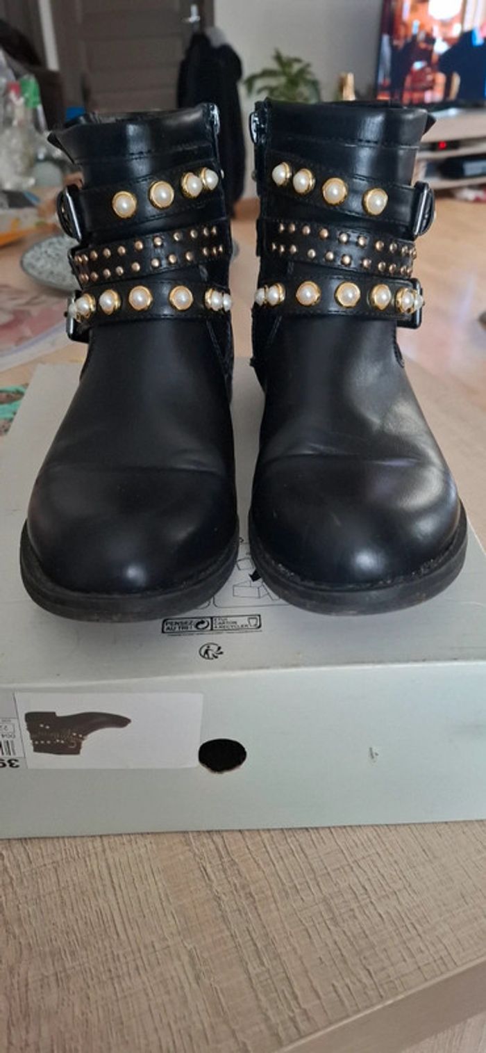 Bottines noires cuir clous dorés strass "Miss Liberto" - photo numéro 5