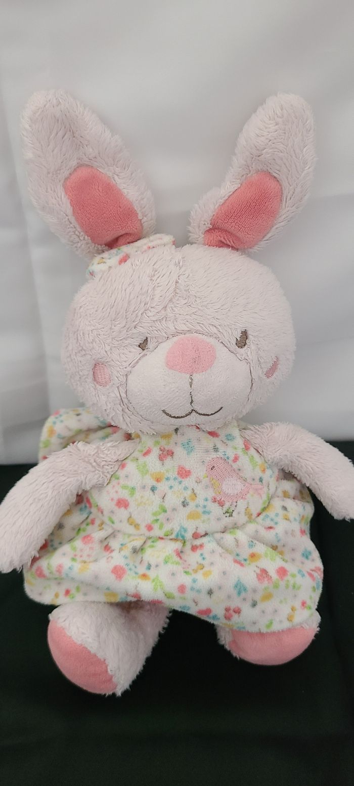 Tex Auguste doudou peluche lapin rose robe fleur oiseau 22 cm - photo numéro 3