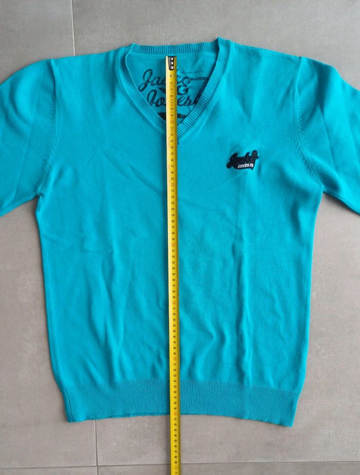 Pull à col V léger bleu turquoise Jack and Jones homme taille M logo brodé - photo numéro 12