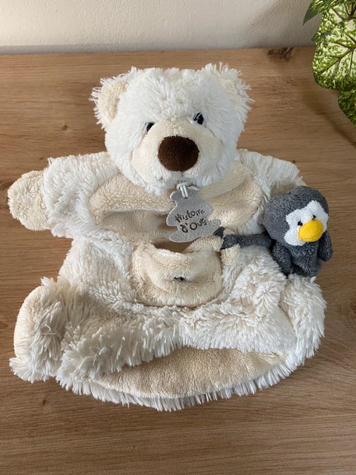 Doudou marionnette ours écru poche pingouin gris histoire d ours - photo numéro 2