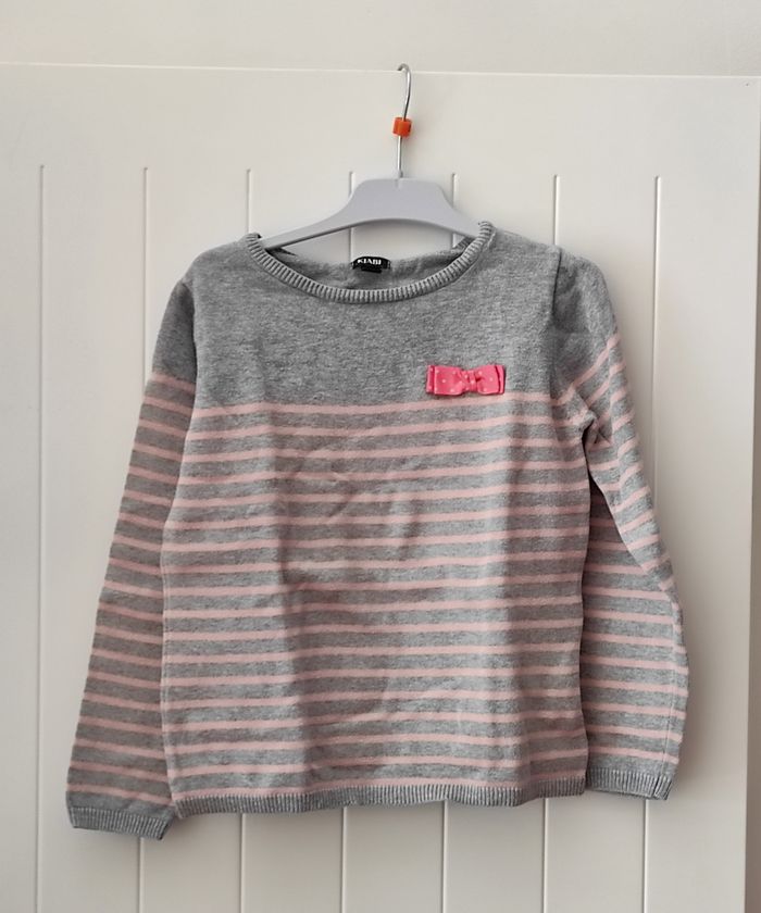 Pull fin coton fille gris & rose – 7 ans (étiquette 8 ans) - photo numéro 2