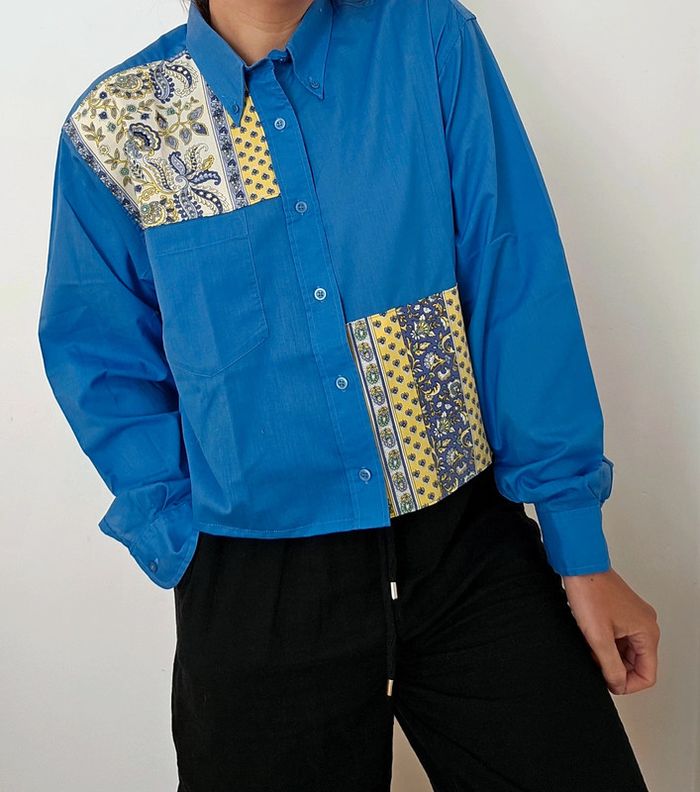 Chemise upcyclée patchwork asymétrique blue - photo numéro 5