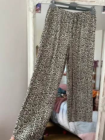 pantalon léopard effet lin taille haute