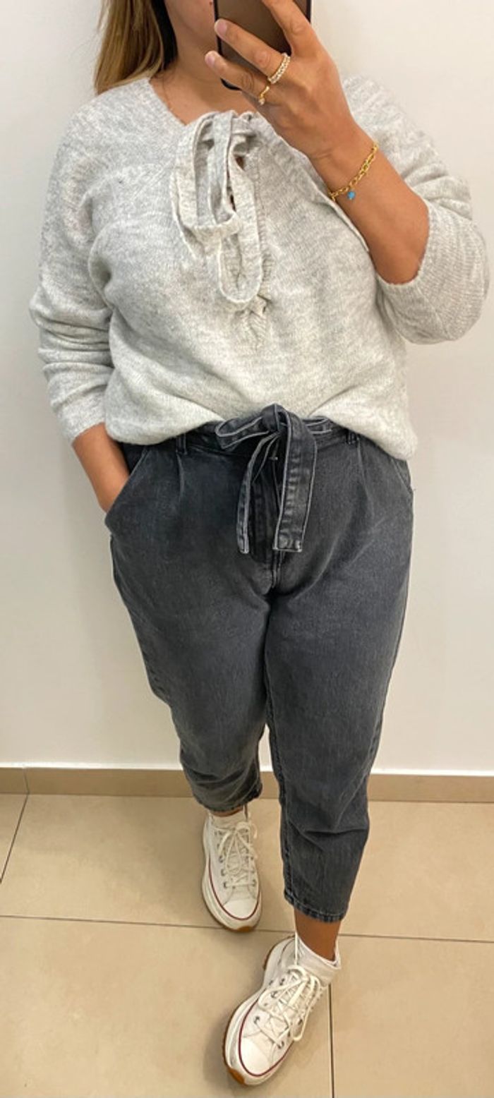 Superbe Pull Gris Col V À Nouer Taille M - photo numéro 2