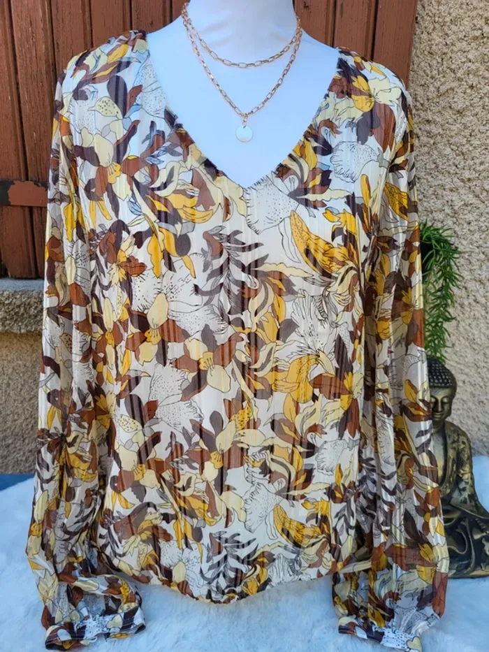 Blouse voile élégante fleuri ivoire moutarde marron riu taille 44 - photo numéro 2