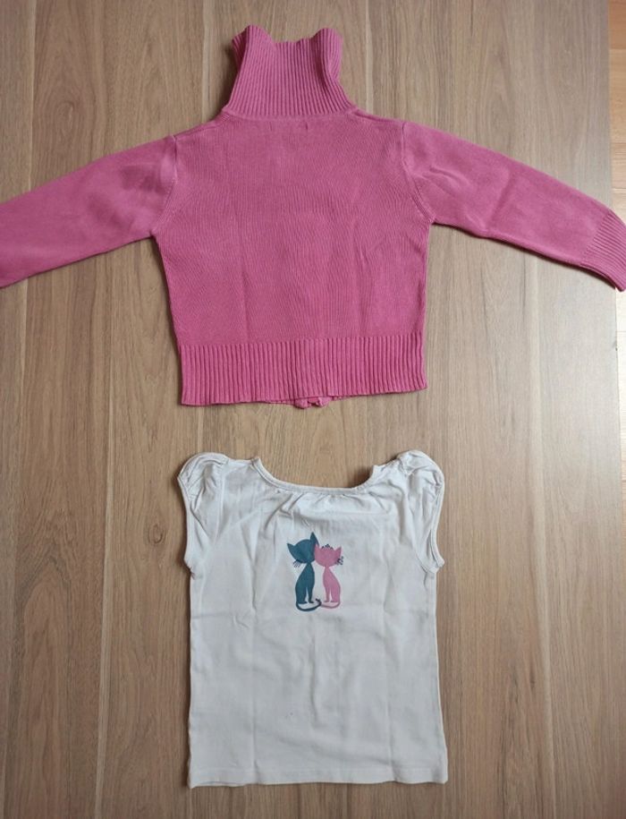 Gilet zippé col montant rose Okaïdi 5 ans et t-shirt blanc avec deux chats Vertbaudet 5 ans - photo numéro 2