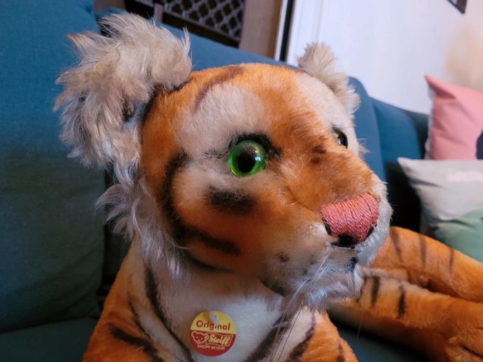 RARE Grand tigre peluche rigide ancien Steiff 60cm yeux verts doudou collection Inde - photo numéro 3