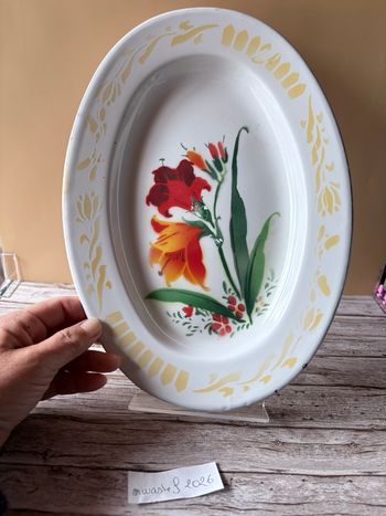 Plat ovale émaillé vintage "Bumper Harvest" - Décor Fleurs 30cm