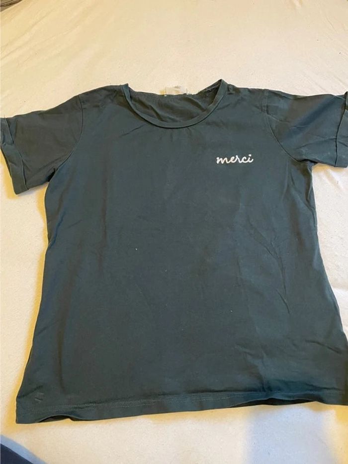 T-shirt vert foncé « merci » taille S - photo numéro 5