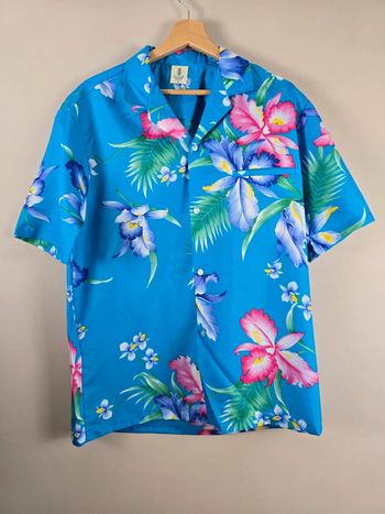 Chemise hawaïenne homme Royal Creations Hawaii bleu fleurs tropicales M été vintage