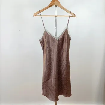 Nuisette satinée marron à pois et dentelle blanche – fines bretelles taille S-M A1043