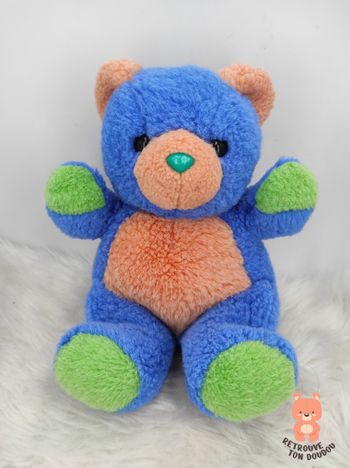 Peluche Ours Bleu Orange et Vert Vintage