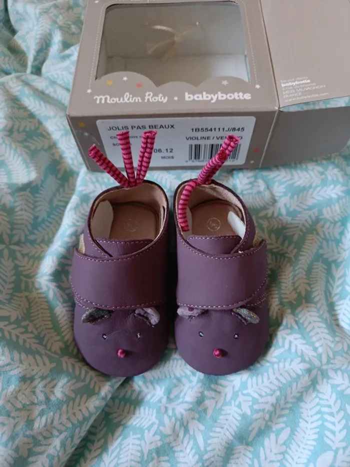Chaussons Moulin Roty babybotte violet souris 6-12 mois