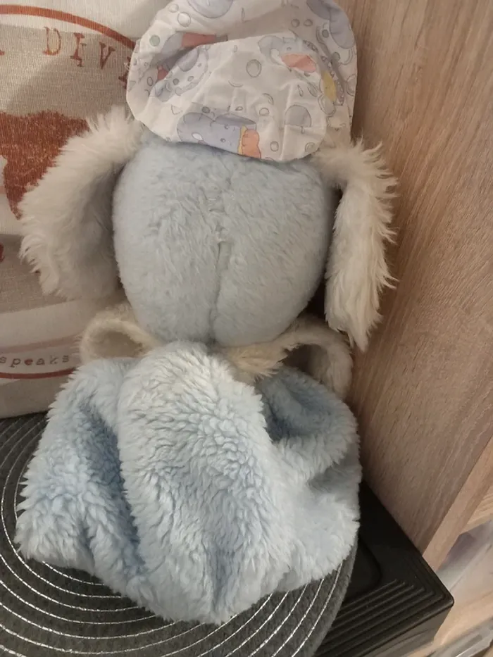 Peluche Range pyjama bleu et blanc avec son bonnet 50cm vintage marque Gede France - photo numéro 3