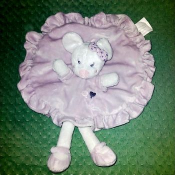 Doudou souris plat rond violet blanc noeud coeur brodé Kimbaloo