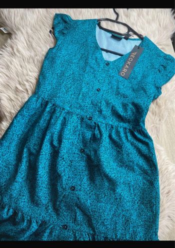Robe courte bleu canard / vert tacheté de noir Beckaro Taille XS / 34 Neuf avec étiquette