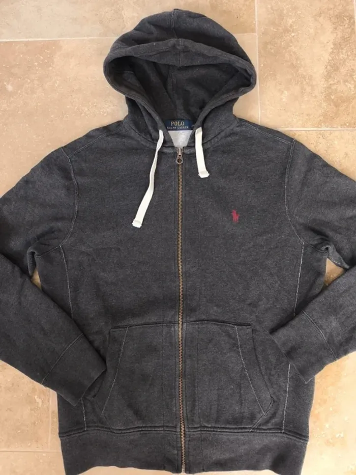 Sweat a capuche zippé gris foncé chiné Polo Ralph Lauren homme M logo bordeaux - photo numéro 2