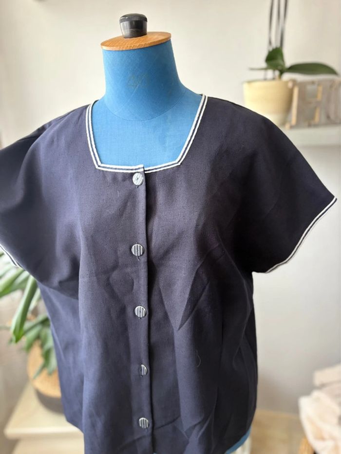 Blouse manche évasée - bleu marine - vintage des années 70 - taille 40/42 - - photo numéro 2