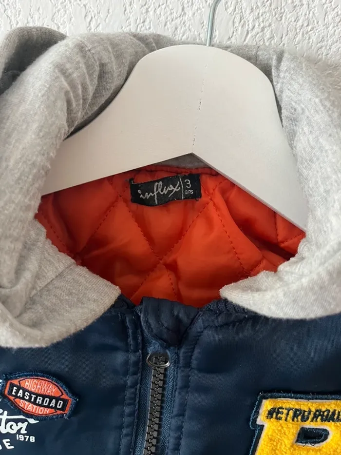 Blouson bomber bleu marine garçon 3 ans – capuche grise intégrée - photo numéro 3